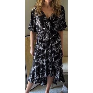 KORI Black White Tropical Leaf Print Wrap Midi Dress Hi Low Ruffle Hem M